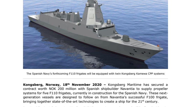 Kongsberg Maritime signs 200 MNOK contract to supply propeller systems for five Spanish Naval frigates