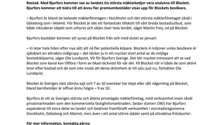 Bjurfors ansluter till Blocket Bostad – 25 procent av alla mäklarobjekt i hela landet samlade på Blocket