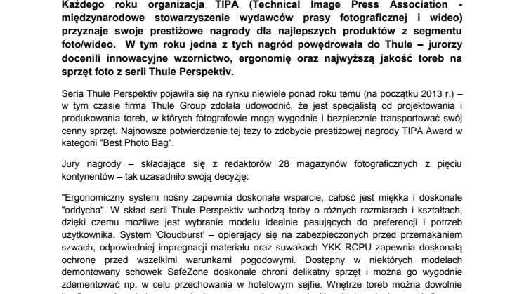 Seria Thule Perspektiv zdobywa prestiżową nagrodę TIPA dla “Najlepszej Torby Foto”