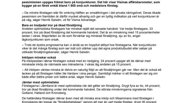 Vismas affärsbarometer: Allt fler företagare befarar minskad försäljning