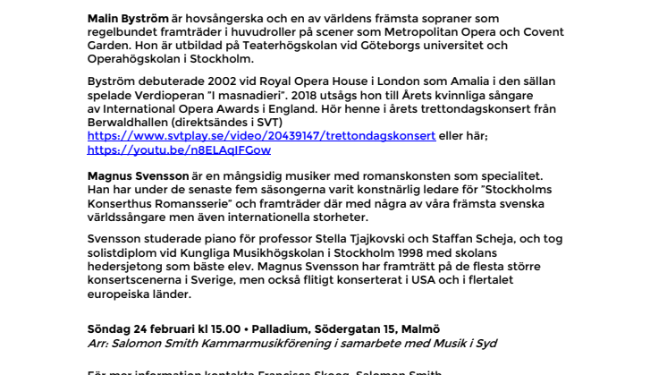 Världssopranen Malin Byström & pianisten Magnus Svensson i romanskonsert på Palladium Malmö 24 februari
