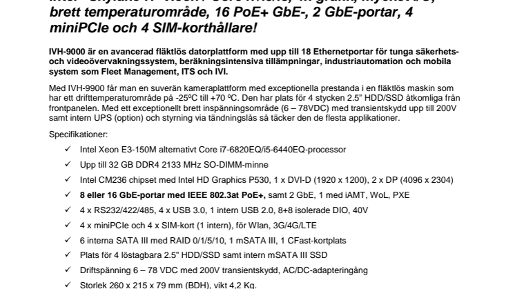 ​Vecow IVH-9000 – en kompakt, fläktlös fordonsdator med Intel ”Skylake-H” Xeon / Core i7/i5/i3