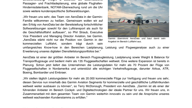 PM Garmin gibt Übernahme von AeroData bekannt