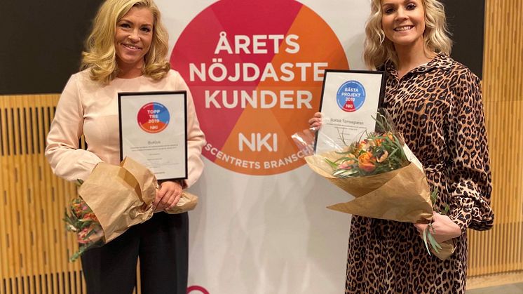 Emelie Ekelund, chef Sälj och Jeanette Thörnkrantz Madsen, chef Analys, med BoKloks utmärkelser efter Prognoscentrets NKI-seminarium 2020. 