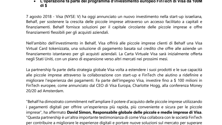 Visa investe in Behalf per supportare il finanziamento delle piccole imprese 
