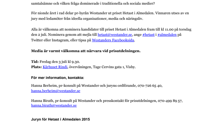 Westander utser Hetast i Almedalen