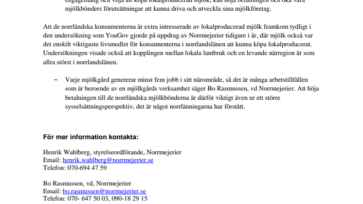 Norrmejerier höjer betalningen till de norrländska mjölkbönderna