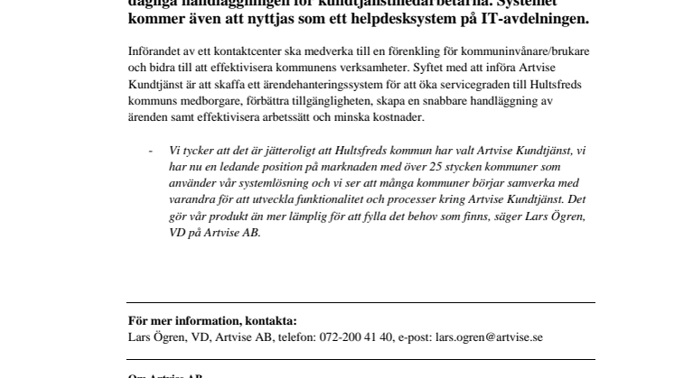 Artvise Kundtjänst till Hultsfreds kommun!
