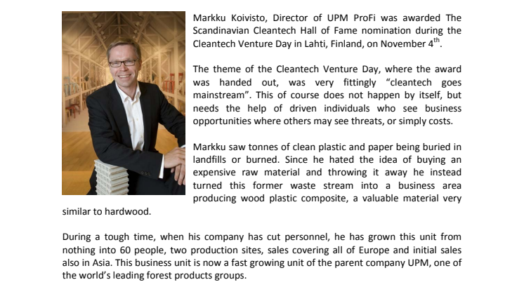 Markku Koivisto, Director of UPM ProFi is the next nominee to Cleantech Scandinavia’s Hall of Fame