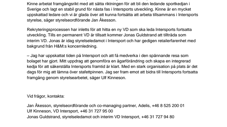 Ulf Kinneson slutar som VD för Intersport