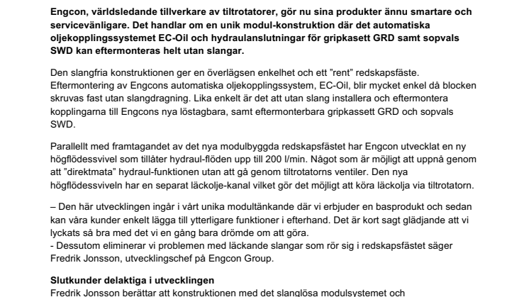 Engcon lanserar slanglöst modulsystem och högflödessvivel – gör tiltrotatorn mer servicevänlig och tillåter högre flöden