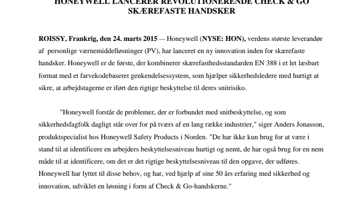 Honeywell lancerer revolutionerende Check & Go skærefaste handsker