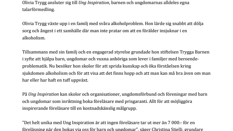 Olivia Trygg blir en av talarna på Ung Inspiration