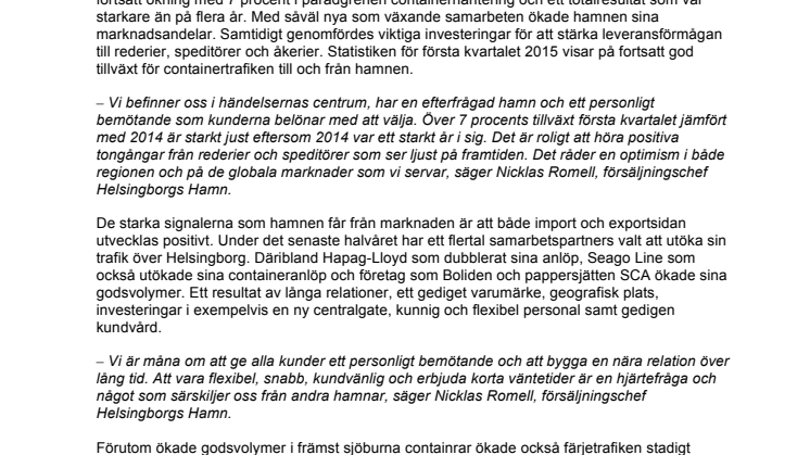​Ökad efterfrågan på sjötransporter ger Helsingborgs Hamn en stark start på 2015