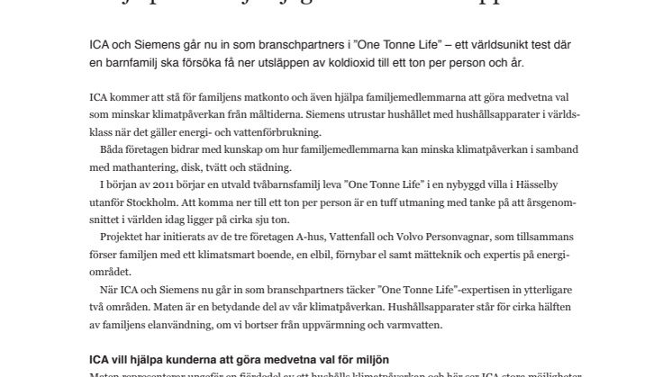 ICA och Siemens in i ”One Tonne Life” – hjälper familjen jaga koldioxidutsläpp