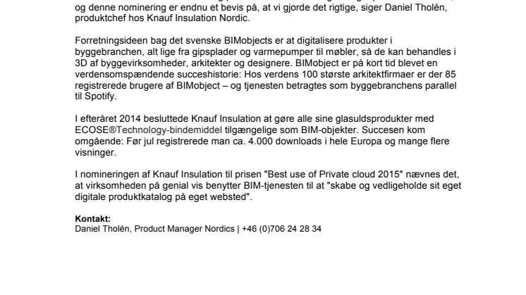 Knauf Insulation nomineret i BIMobject Awards