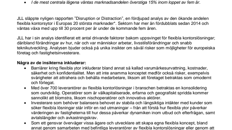 Andelen flexibla kontorsytor i Europa väntas öka med upp till 30% per år de kommande fem åren, visar en färsk analys från JLL.