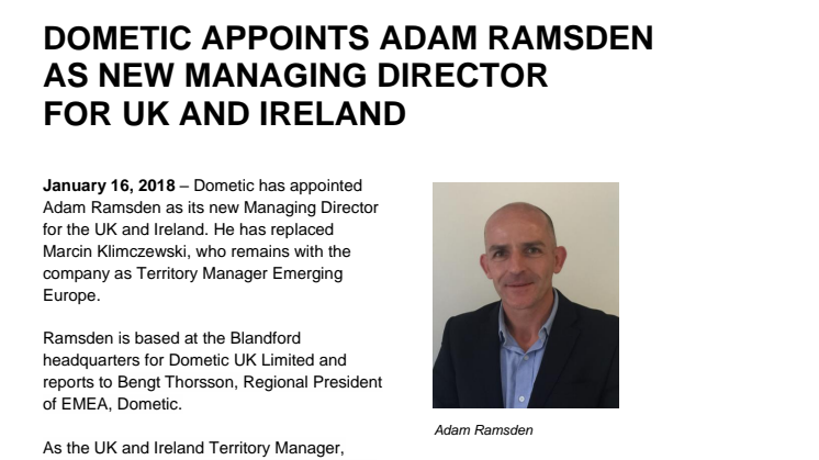Dometic Appoints Adam Ramsden as New Managing Director for UK and Ireland