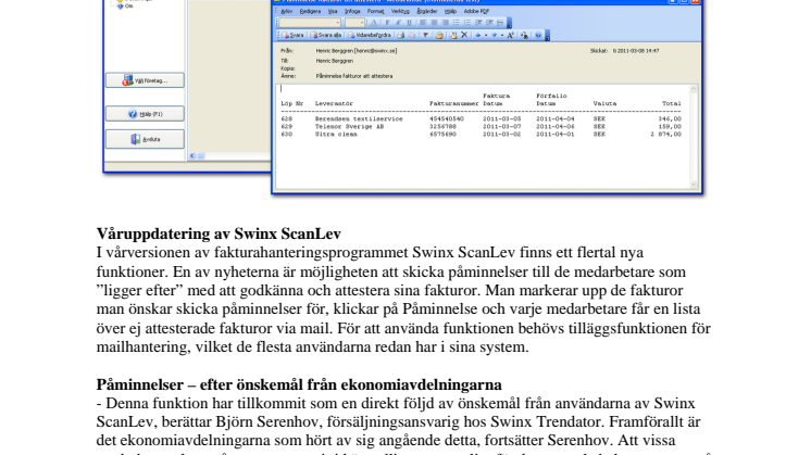 Vårnyhet 2 - Påminnelser via epost i Swinx ScanLev