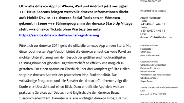 Von „A“ wie App bis „S“ wie Start-Up Village: Letzte News vor der dmexco 2014
