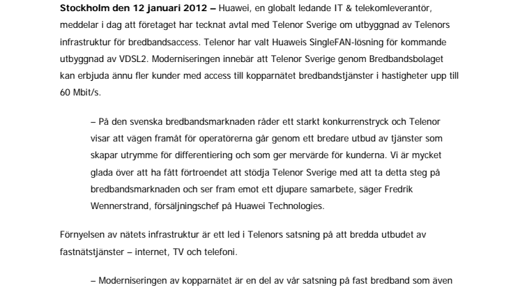 Telenor Sverige väljer Huawei för modernisering av kopparnätet