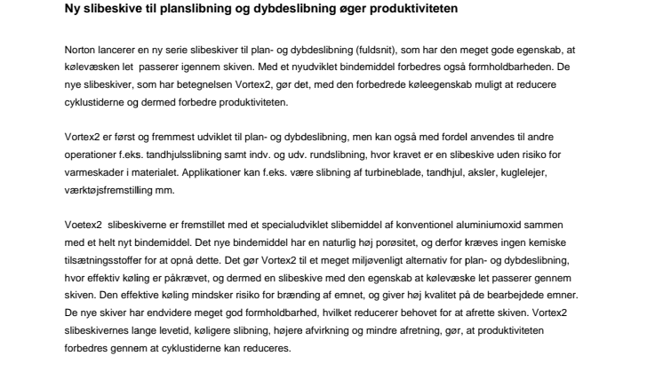 Ny slibeskive til planslibning og dybdeslibning øger produktiviteten