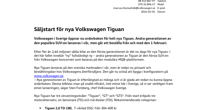 Säljstart för nya Volkswagen Tiguan
