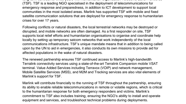 Marlink: Marlink strengthens commitment with humanitarian partner Télécoms Sans Frontières