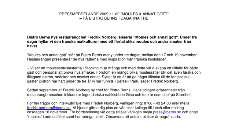 Inbjudan: "Moules och annat gott" - På Bistro Berns i dagarna tre