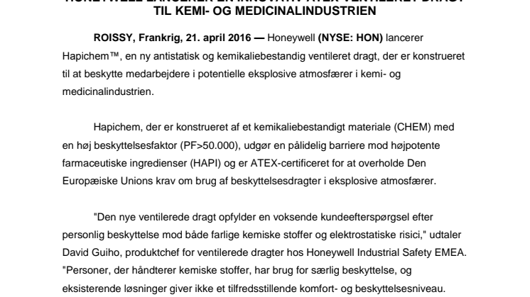 Honeywell lancerer en innovativ ATEX-ventileret dragt  til kemi- og medicinalindustrien