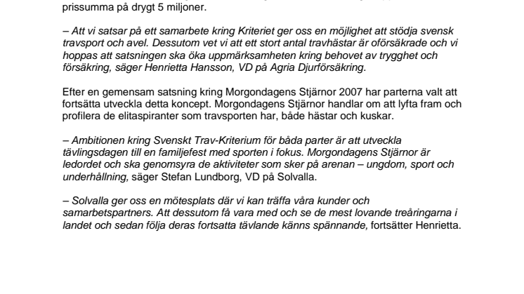 Agria och Solvalla fortsätter att satsa på Kriteriet