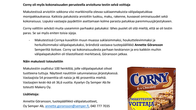 Corny-suklaavälipalapatukka oli kuluttajatestin maukkain