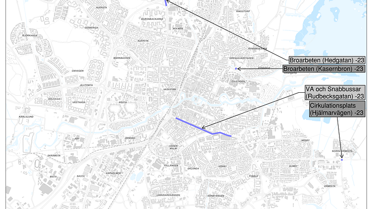 Karta över planerade gatuarbeten med större påverkan på framkomligheten i Örebro under 2023.