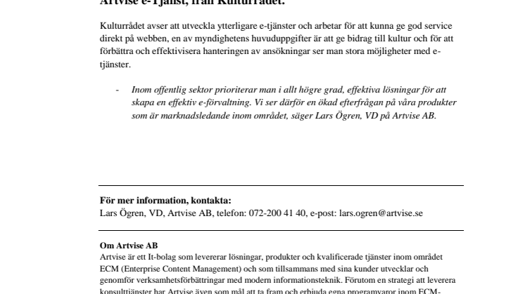 Artvise e-Tjänst till Kulturrådet!