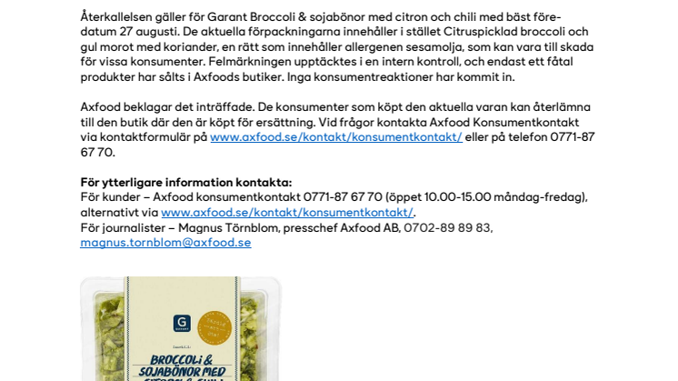Axfood återkallar Garant Broccoli & sojabönor med citron och chili, 150 g .pdf