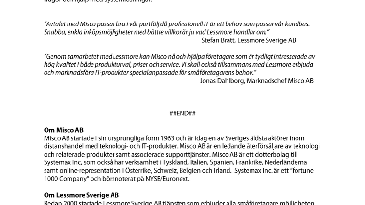 Misco AB påbörjar samarbete med Lessmore Sverige AB