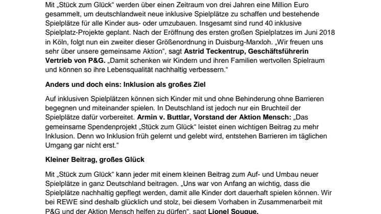 Spendenaktion „Stück zum Glück“ feiert Eröffnung ihres ersten inklusiven Spielplatzes in Duisburg-Marxloh