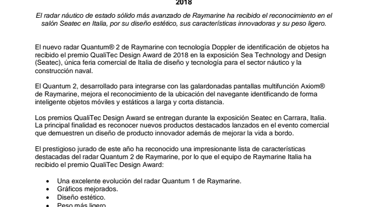 Raymarine: Se ha anunciado que Quantum® 2 ha ganado el premio QualiTec Design Award de 2018 