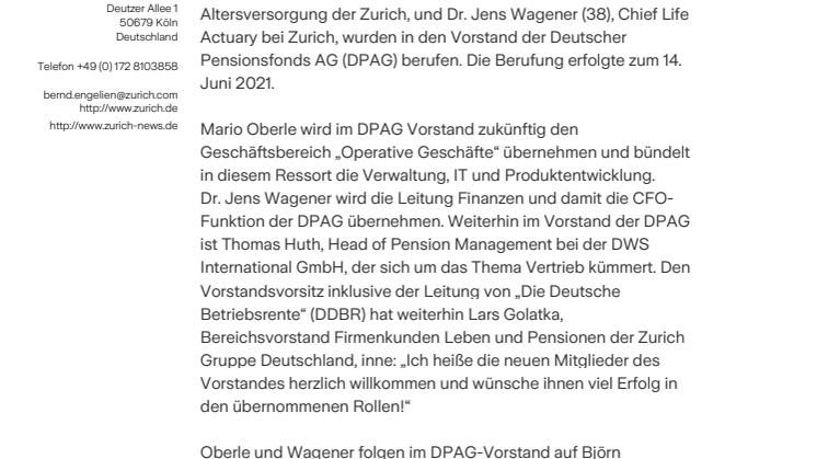 Wechsel im Vorstand der Deutscher Pensionsfonds AG