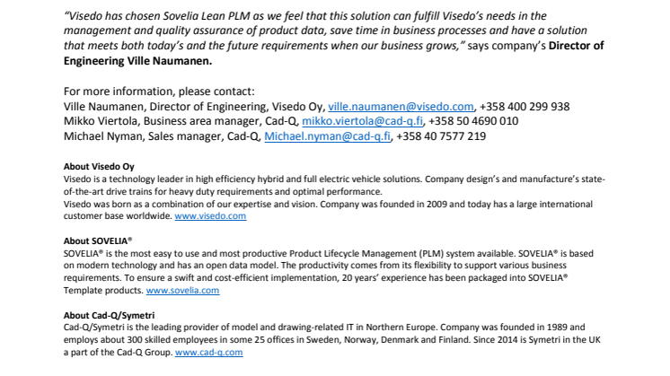Visedo Oy invests in Sovelia PLM to ensure the management of data and quality of documentation