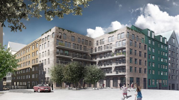 Hornsberg, vy från kvarterstorget. Bild: AIX arkitekter.