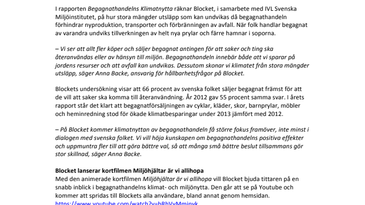 Allt fler tänker på miljön när de handlar begagnat - Begagnathandelns klimatnytta är 1,6 miljoner ton växthusgaser årligen 