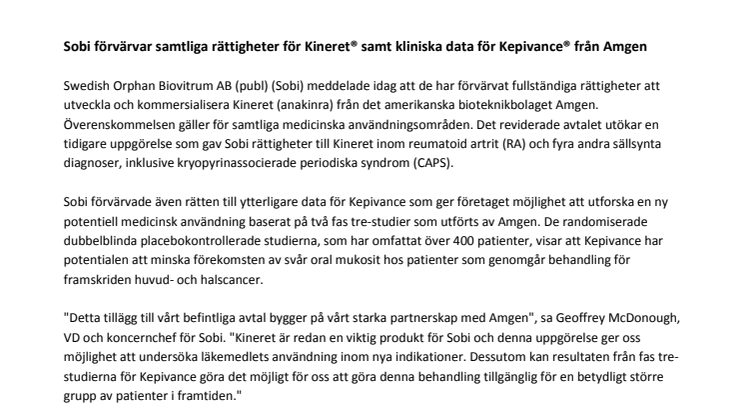 Sobi förvärvar samtliga rättigheter för Kineret® samt kliniska data för Kepivance® från Amgen