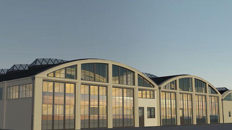 Konsthögskolan öppnar i Båghallarna hösten 2018. Illustration: Sydark Konstruera