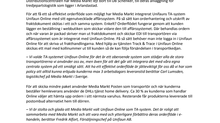 Media Markts multichannel-distribution använder TA-systemet Unifaun Online