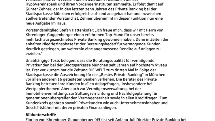 Neues Gesicht bei der Stadtsparkasse München: Florian von Khreninger-Guggenberger übernimmt Leitung der Direktion Private Banking