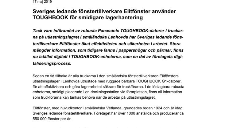 Sveriges ledande fönstertillverkare Elitfönster använder TOUGHBOOK för smidigare lagerhantering