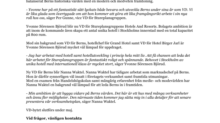 Berns byter VD. Yvonne Sörensen Björud vidare inom Stureplansgruppen 