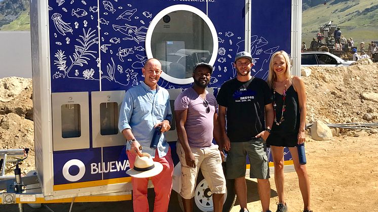 Bluewater keeps actors and production crew well hydrated. From left, Seton Bailey, CEO SA Film Academy,  James Muringani, Production Manager, Grant Killian, Unit & Transport Manager, and Janneke Brasecke, Bluewater Events                        
