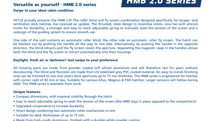 VETUS HMB 2.0 series roller blind and fly screen - Information Sheet